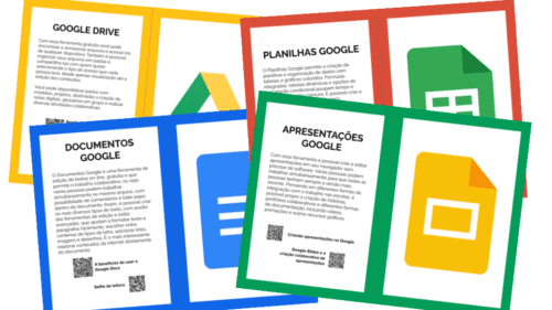 Desenho de cartões coloridos com logos do Google Drive, Documentos, Planilhas e Slides e textos.
