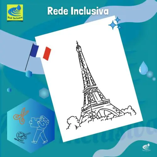 A imagem do destaque apresenta como será a atividade, apresentando uma silhueta da Torre Eiffel, para pintura e colorização.