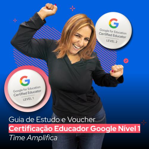 Mulher feliz com braços pra cima usando roupa pra preta e badges da certificação Educador Google Nível 1