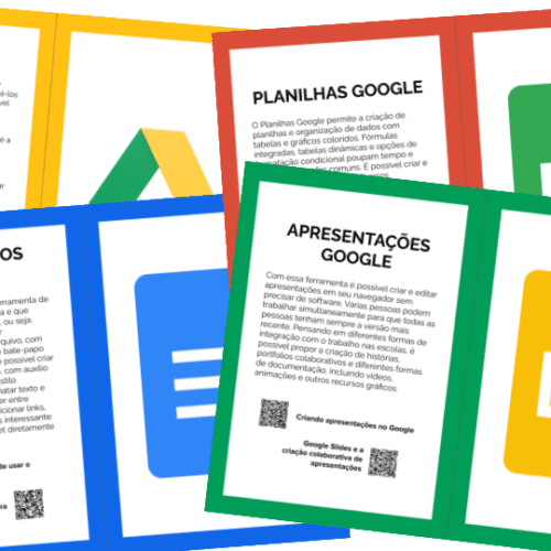 Desenho de cartões coloridos com logos do Google Drive, Documentos, Planilhas e Slides e textos.