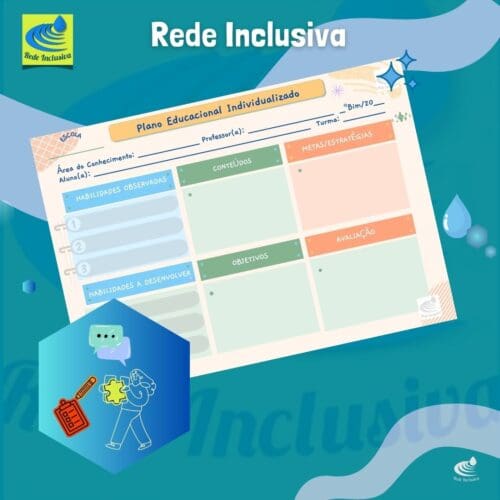 O arquivo de uma página apresenta uma ideia para o registro do Plano Educacional Individualizado(PEI). O layout foi editado a partir de um modelo no Canva. Há um cabeçalho para que sejam colocados o nome da escola, a área do conhecimento, o nome do professor e o bimestre do ano letivo. Abaixo, há uma tabela de duas linhas e três colunas para os dados, com os títulos, na primeira coluna, Habilidades Observadas e Habilidades a Desenvolver, na segunda coluna, os Conteúdos e Objetivos, e, na última coluna, as Metas/Estratégias e a Avaliação. Tudo disposto em cores claras, com o plano de fundo na cor salmão e colunas em azul, verde e alaranjado. Além disso, há a opção de impressão dessa proposta em preto e branco.