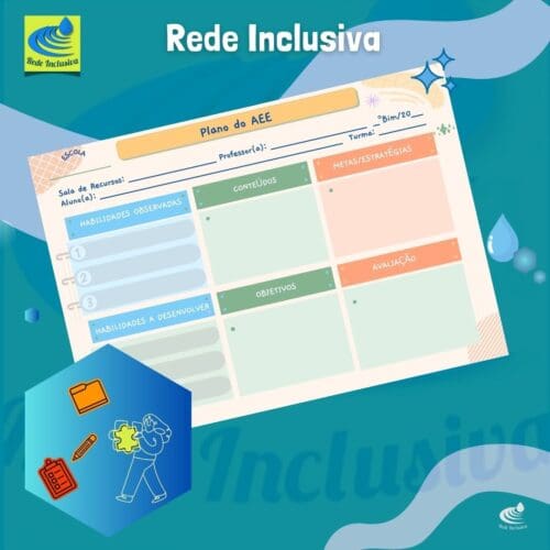 O arquivo de uma página horizontal apresenta uma ideia para o registro do PAEE (Plano de Atendimento Educacional Especializado). O layout foi editado a partir de um modelo no Canva. Há um cabeçalho para que sejam colocados o nome da escola, da Sala de Recursos, nome do professor, bimestre do ano letivo e o nome do aluno e sua turma. Abaixo, uma tabela para os dados, com os títulos: Habilidades Observadas, abaixo Habilidades a Desenvolver, ao lado, os Conteúdos e Objetivos, e na última coluna as Metas e Estratégias e a Avaliação. Tudo está em cores claras, com fundo salmão e colunas em azul, verde e alaranjado.