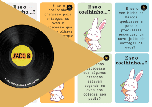Esta imagem apresenta um conjunto de cartas do jogo "E se o coelhinho...?", criado pela Lado B – Educação Criativa e Alternativa, com o objetivo de estimular a imaginação, a empatia e o pensamento crítico de crianças por meio de perguntas abertas e situações-problema inspiradas no universo da Páscoa.