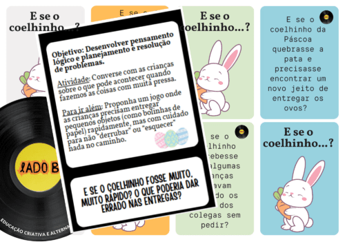 A imagem apresenta uma proposta lúdica e pedagógica com o objetivo de desenvolver o pensamento lógico, o planejamento e a resolução de problemas em crianças, a partir de situações hipotéticas envolvendo o coelhinho da Páscoa. A atividade promove diálogo, criatividade e jogos simbólicos em sala de aula.