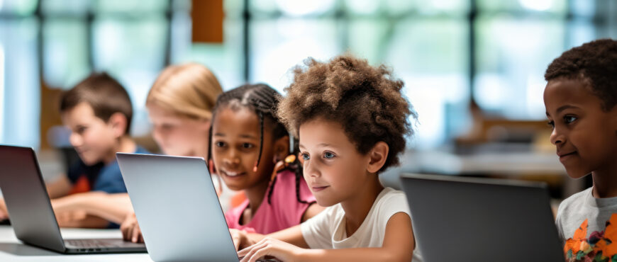 Crianças em uma sala de aula usando computadores