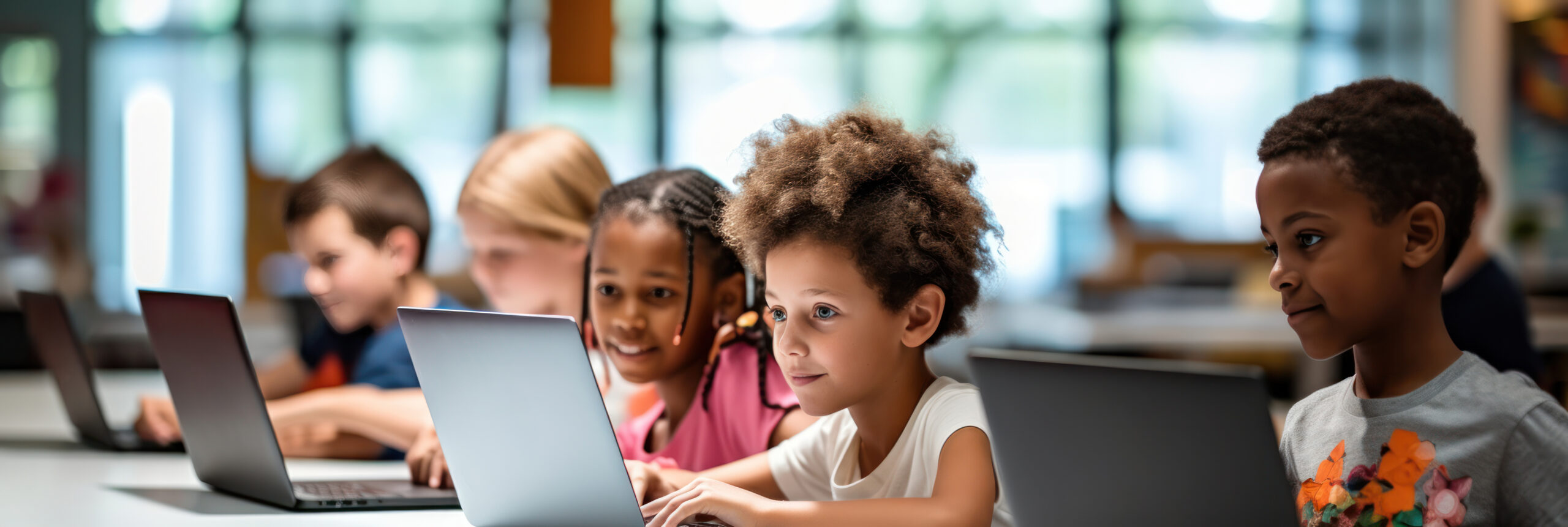 Crianças em uma sala de aula usando computadores
