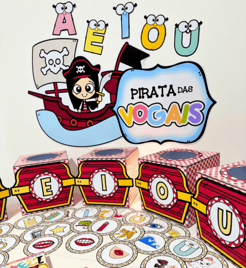 recurso pedagógico colorido para trabalhar vogais na educação infantil, estimulando leitura e escrita.