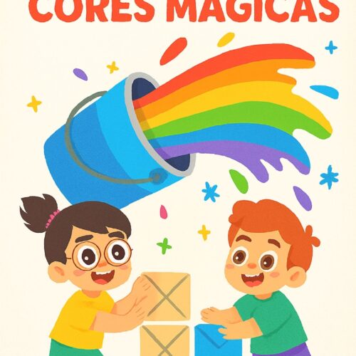 Duas crianças encantadas observam um balde azul derramando uma cascata de tinta colorida em arco-íris. Elas sorriem com entusiasmo enquanto blocos com ícones de cartas estão empilhados entre elas. O fundo é claro e o título “Laboratório das Cores Mágicas” aparece no topo em letras grandes e coloridas, transmitindo um clima alegre e educativo.