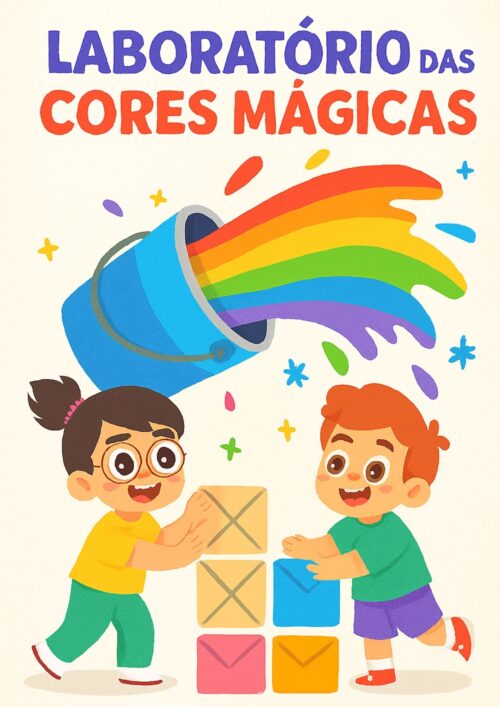 Duas crianças encantadas observam um balde azul derramando uma cascata de tinta colorida em arco-íris. Elas sorriem com entusiasmo enquanto blocos com ícones de cartas estão empilhados entre elas. O fundo é claro e o título “Laboratório das Cores Mágicas” aparece no topo em letras grandes e coloridas, transmitindo um clima alegre e educativo.